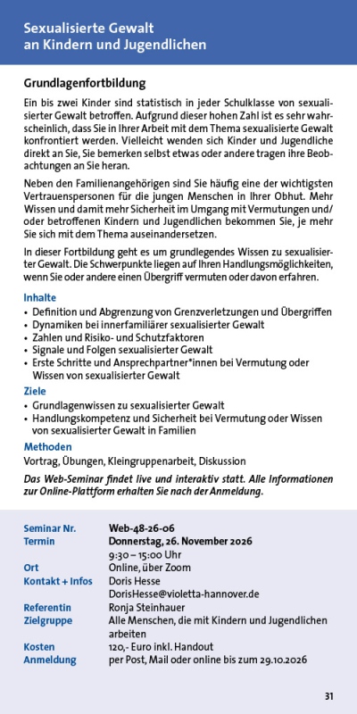 Sexualisierte Gewalt an Kindern und Jugendlichen. Grundlagenfortbildung